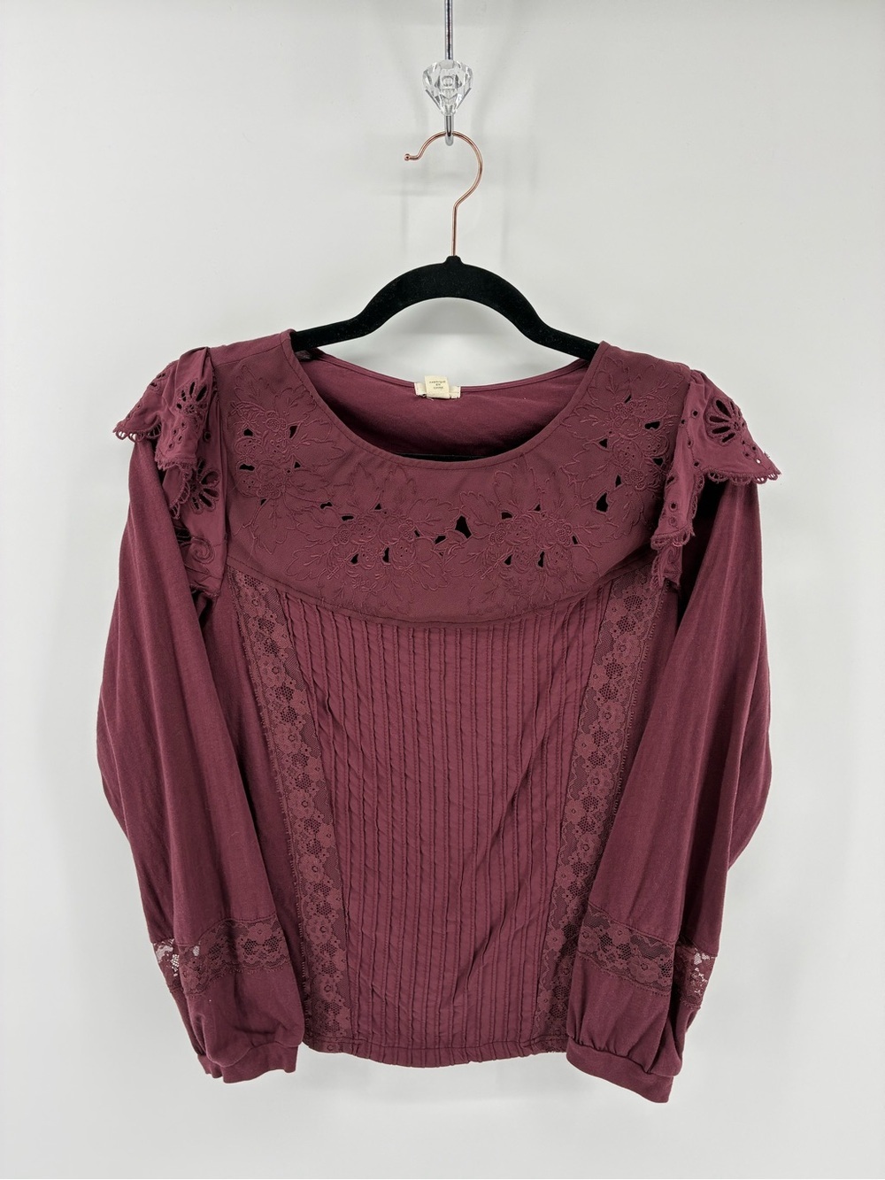 TINY Anthropologie Elegant Lace Trim Blouse - Deep Burgundy